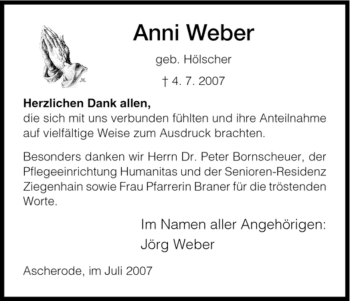 Traueranzeige von Anni Weber von HNA