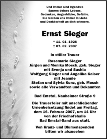 Traueranzeige von Ernst Sieger von HNA