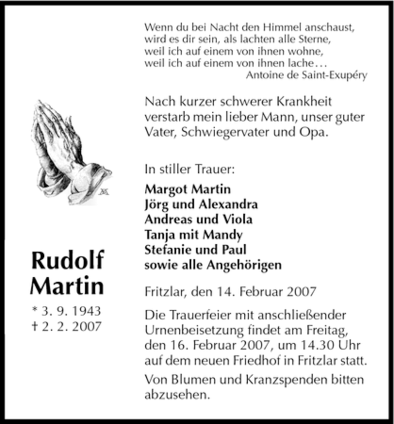  Traueranzeige für Rudolf Martin vom 14.02.2007 aus HNA