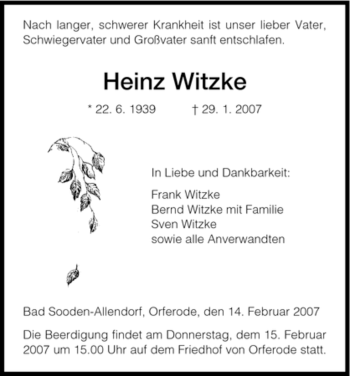 Traueranzeige von Heinz Witzke von HNA