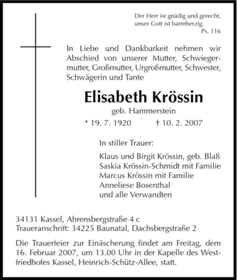  Traueranzeige für Elisabeth Kroessin vom 14.02.2007 aus HNA