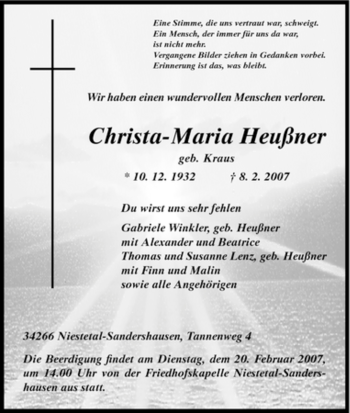Traueranzeige von Christa-Maria Heussner von HNA