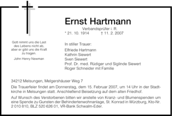 Traueranzeige von Ernst Hartmann von HNA