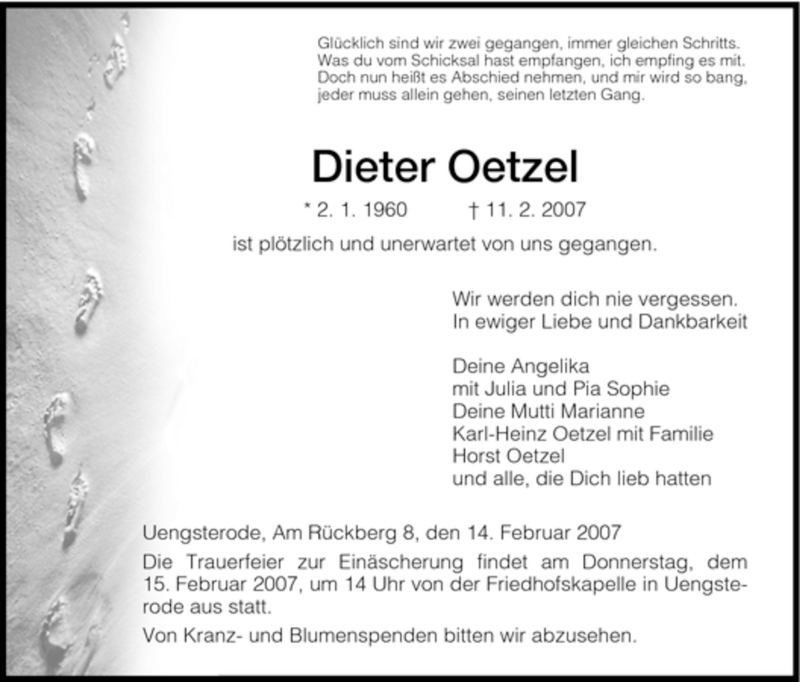  Traueranzeige für Dieter Oetzel vom 14.02.2007 aus HNA