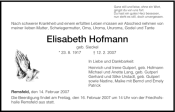 Traueranzeige von Elisabeth Hofmann von HNA