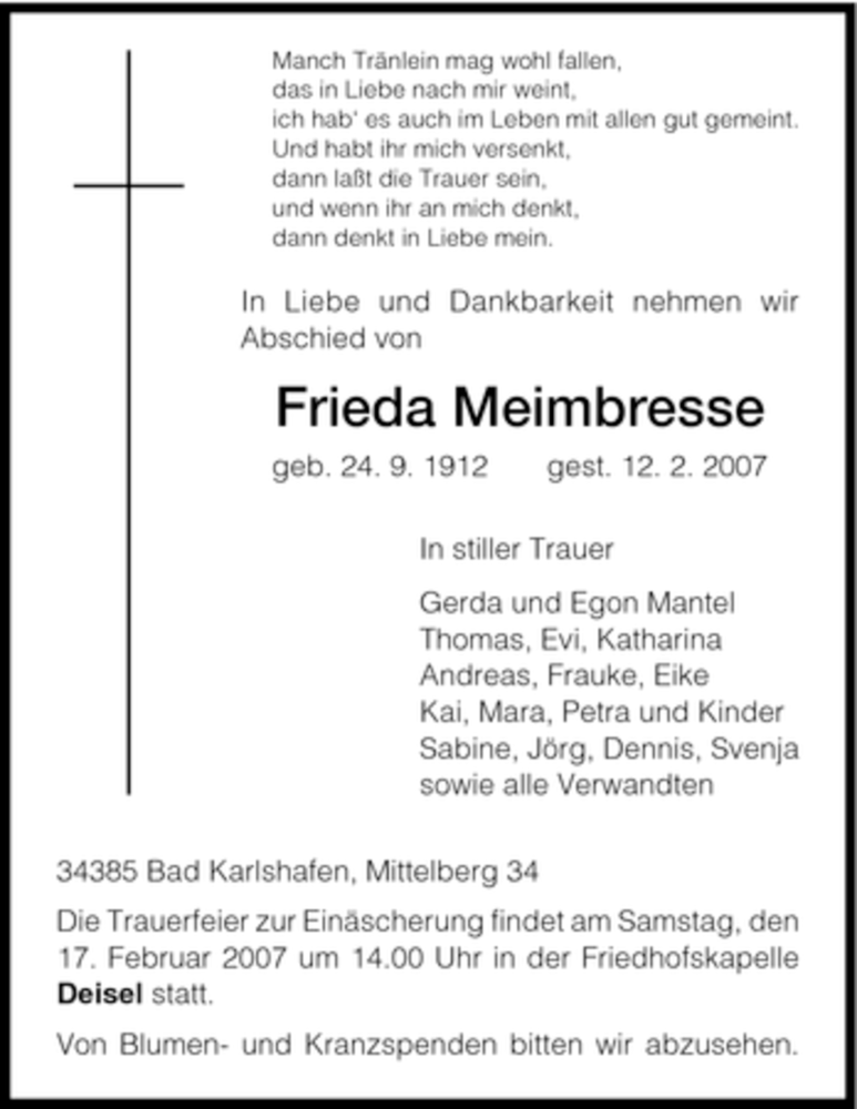  Traueranzeige für Frieda Meimbresse vom 14.02.2007 aus HNA