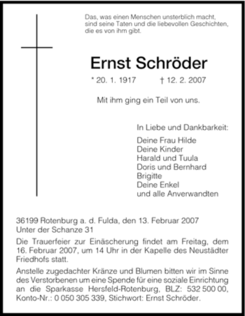 Traueranzeige von Ernst Schroeder von HNA