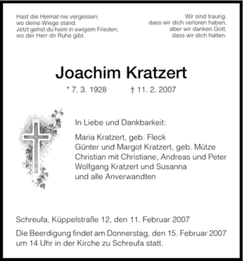 Traueranzeige von Joachim Kratzert von HNA