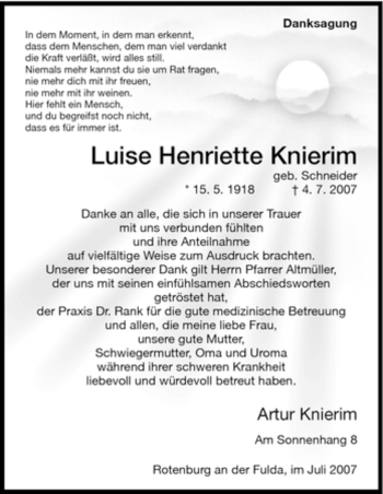 Traueranzeige von Luise Henriette Knierim von HNA