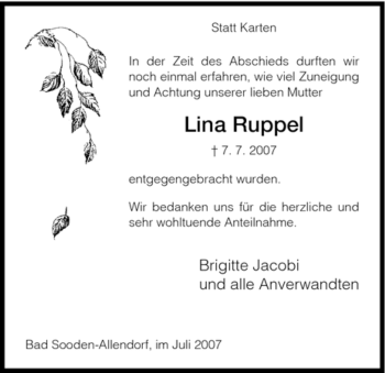 Traueranzeige von Lina Ruppel von HNA