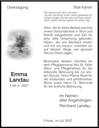 Traueranzeige von Emma Landau von HNA