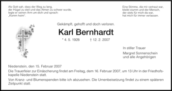 Traueranzeige von Karl Bernhardt von HNA