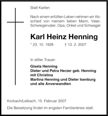 Traueranzeige von Karl Heinz Henning von HNA