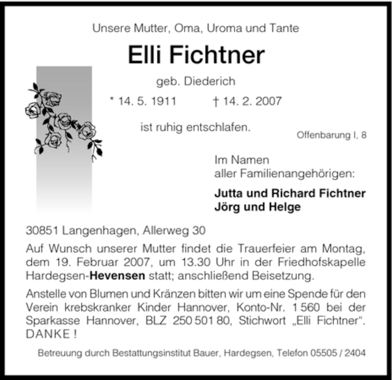  Traueranzeige für Elli Fichtner vom 16.02.2007 aus HNA