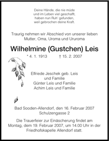 Traueranzeige von Wilhelmine Leis von HNA