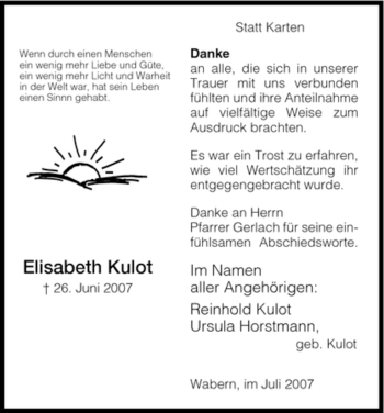 Traueranzeige von Elisabeth Kulot von HNA