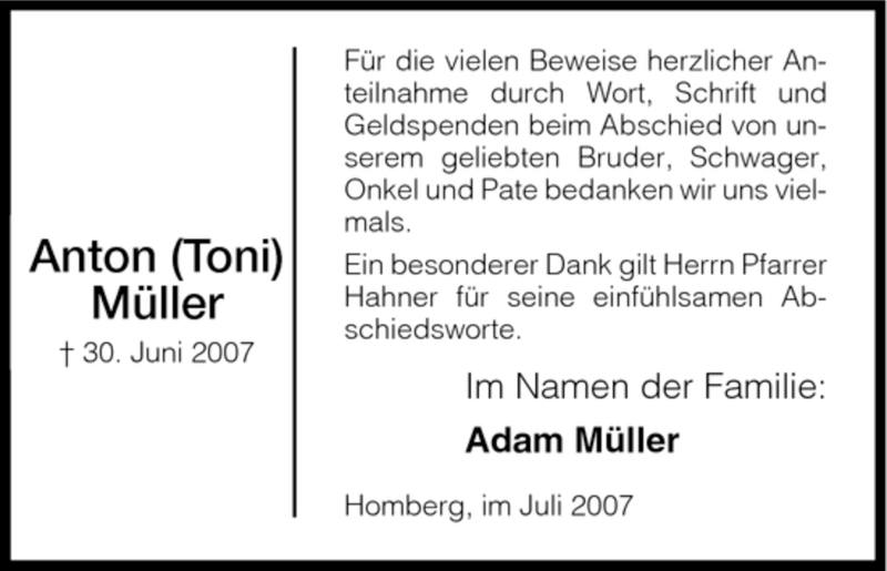  Traueranzeige für Anton Müller vom 28.07.2007 aus HNA