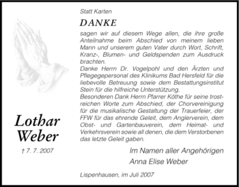 Traueranzeige von Lothar Weber von HNA