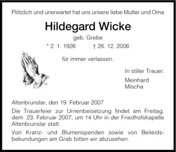 Traueranzeige von Hildegard Wicke von HNA