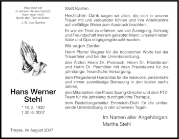 Traueranzeige von Hans Werner Stehl von HNA