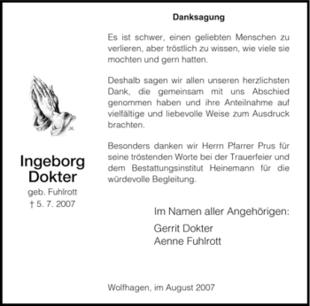 Traueranzeige von Ingeborg Dokter von HNA