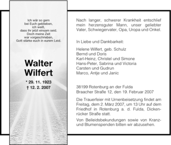 Traueranzeige von Walter Wilfert von HNA