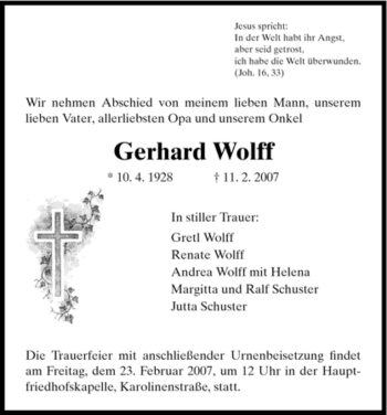 Traueranzeige von Gerhard Wolff von HNA