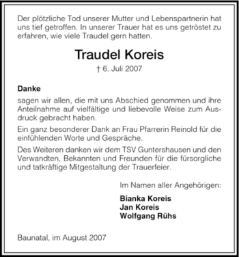 Traueranzeige von Traudel Koreis von HNA