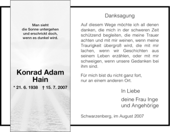 Traueranzeige von Konrad Adam Hain von HNA