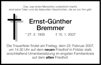 Traueranzeige von Ernst-Günther Bremmer von HNA