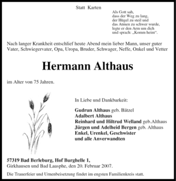 Traueranzeige von Hermann Althaus von HNA