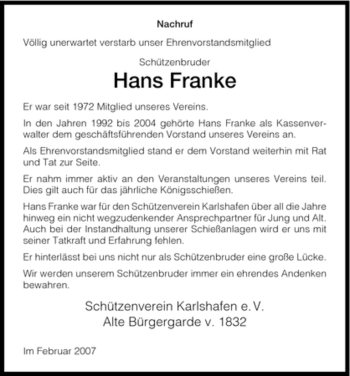 Traueranzeige von Hans Franke von HNA