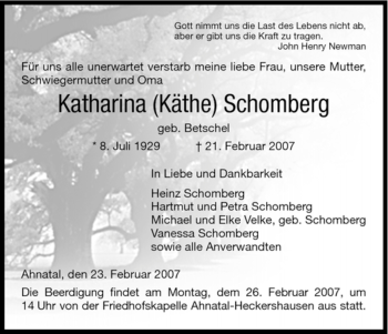 Traueranzeige von Katharina Schomberg von HNA