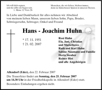 Traueranzeige von Hans-Joachim Huhn von HNA
