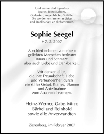 Traueranzeige von Sophie Seegel von HNA
