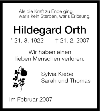Traueranzeige von Hildegard Hildegard von HNA