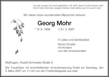 Traueranzeige von Georg Mohr von HNA
