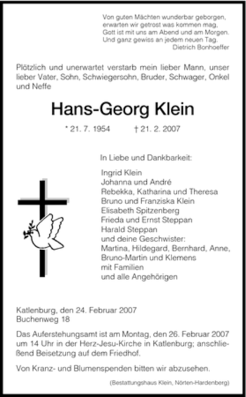 Traueranzeige von Hans-Georg Klein von HNA