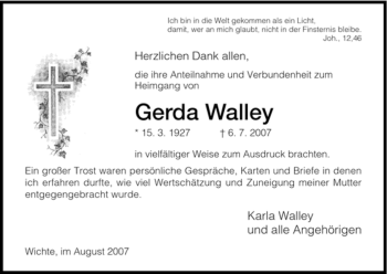 Traueranzeige von Gerda Walley von HNA