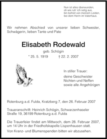 Traueranzeige von Elisabeth Rodewald von HNA
