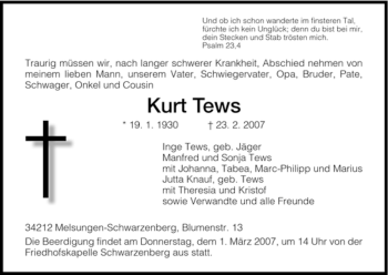 Traueranzeige von Kurt Tews von HNA