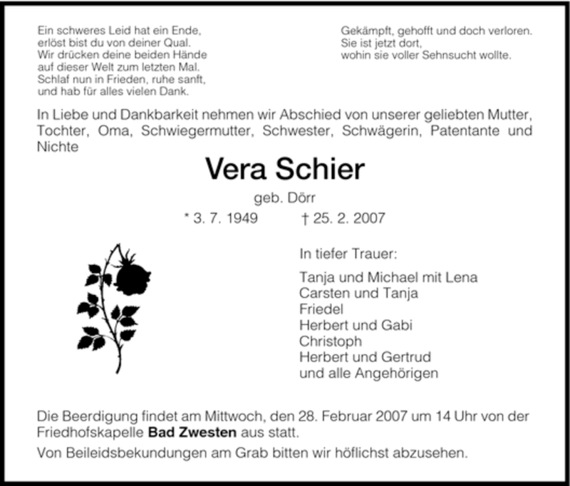  Traueranzeige für Vera Schier vom 27.02.2007 aus HNA