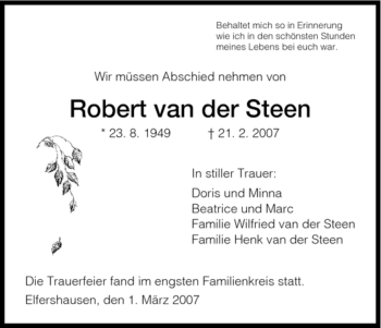 Traueranzeige von Robeert van der Steen von HNA
