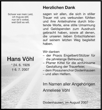 Traueranzeige von Hans Vöhl von HNA