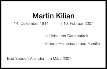 Traueranzeige von Martin Kilian von HNA