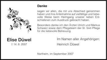Traueranzeige von Elise Düwel von HNA