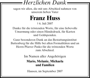 Traueranzeige von Franz Huss von HNA