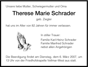 Traueranzeige von Therese Schrader von HNA