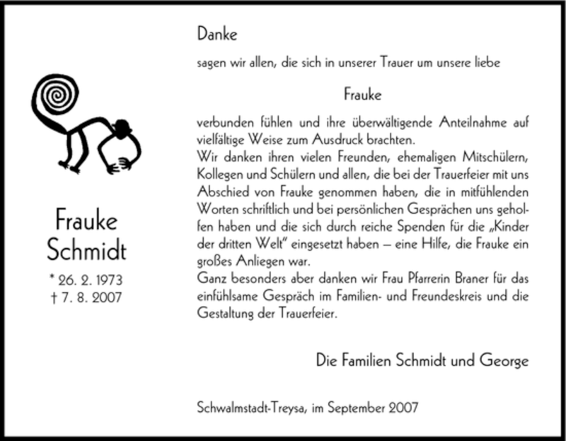  Traueranzeige für Frauke Schmidt vom 08.09.2007 aus HNA