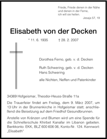 Traueranzeige von Elisabeth von der Decken von HNA